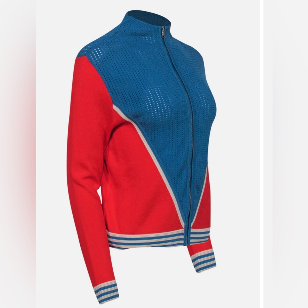 Sándro Paris ‘Aidan’ Red/Blue Perforated Zip Up Sweater - Picture 2 of 5